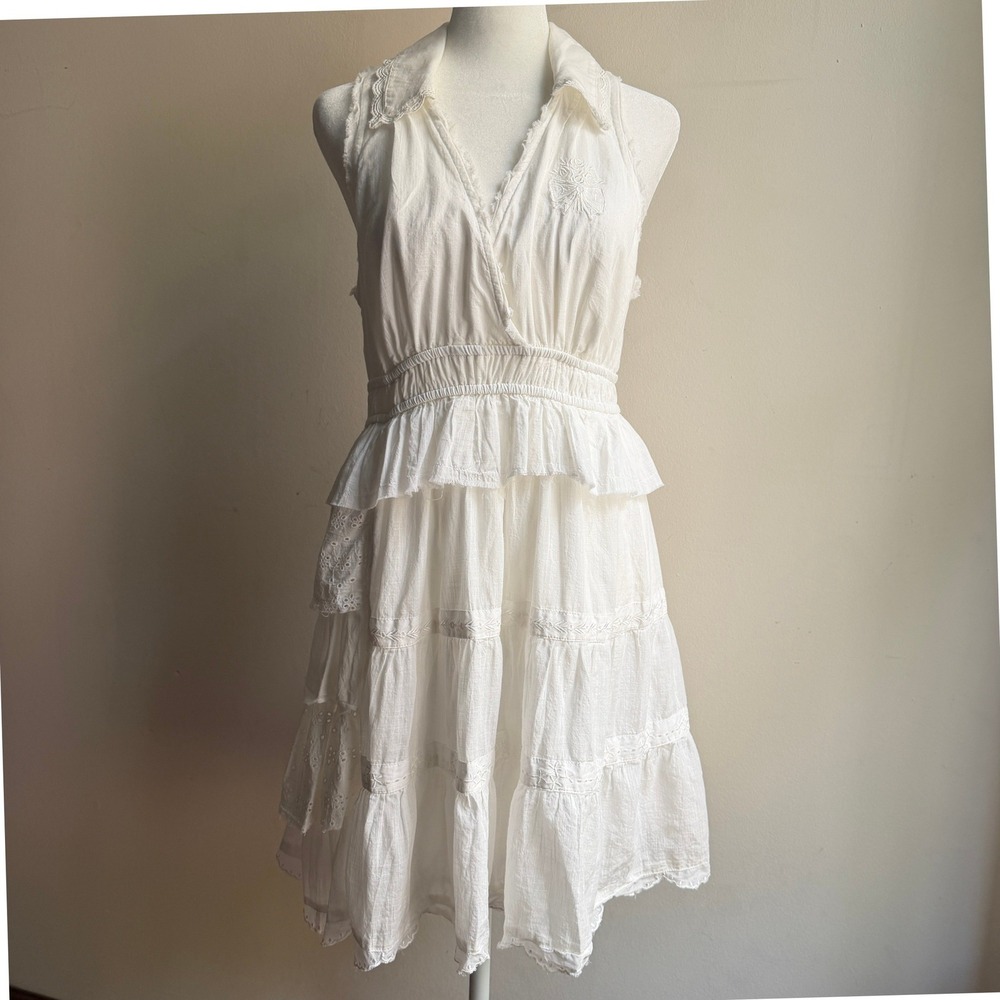 Anthropologie Tiered Ruffle Cotton Gauze Mini Dress White Medium Excellent